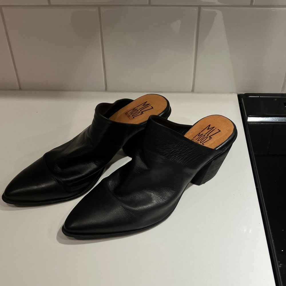 Miz Mooz “Amalia” Black Leather Mules, Size 9